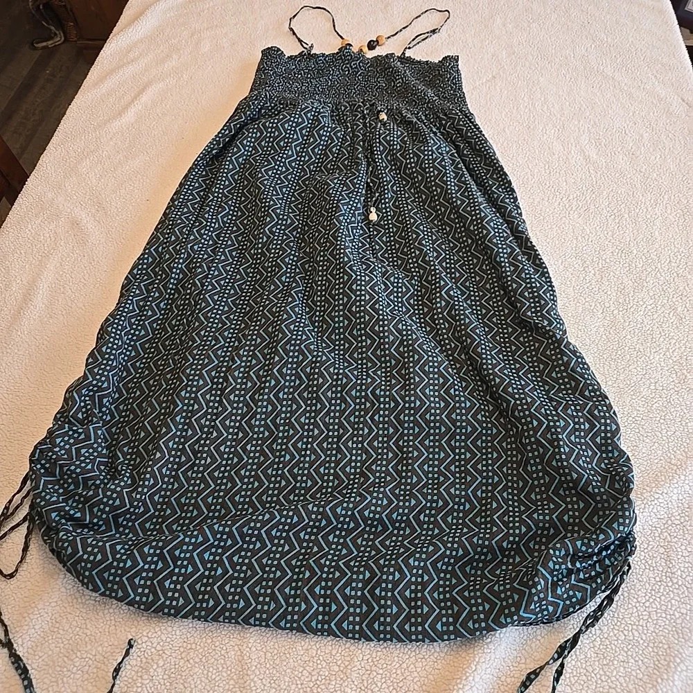 Funky People Dress Sz M Boho Hippie Festival Smock Bodice Wood Beads Bubble Hem‎
